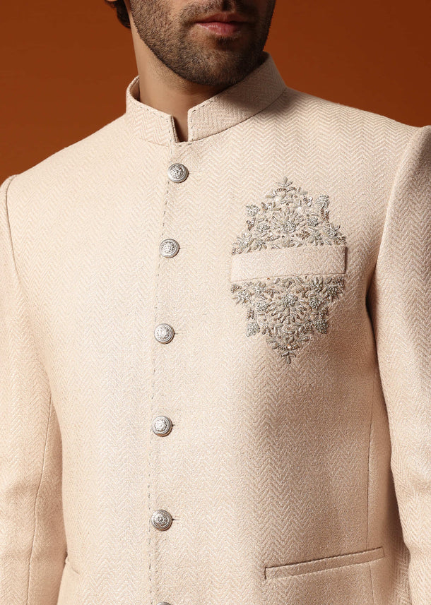 Beige Embroidered Silk Jodhpuri Suit For Men