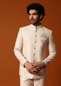 Beige Embroidered Silk Jodhpuri Suit For Men