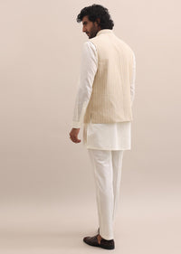Beige Embroidered Silk Kurta Jacket Set For Men