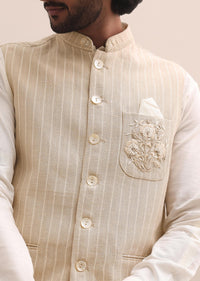 Beige Embroidered Silk Kurta Jacket Set For Men