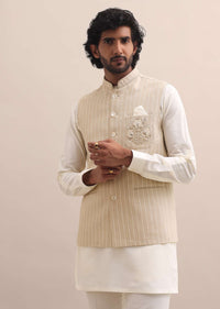 Beige Embroidered Silk Kurta Jacket Set For Men