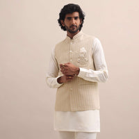 Beige Embroidered Silk Kurta Jacket Set For Men