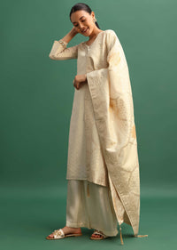 Beige Embroidered Tissue Kurta Palazzo With Dupatta