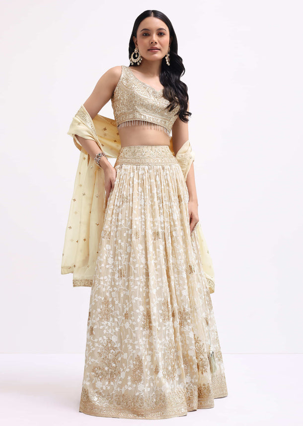 Beige Embroidered Tissue Lehenga Choli Set