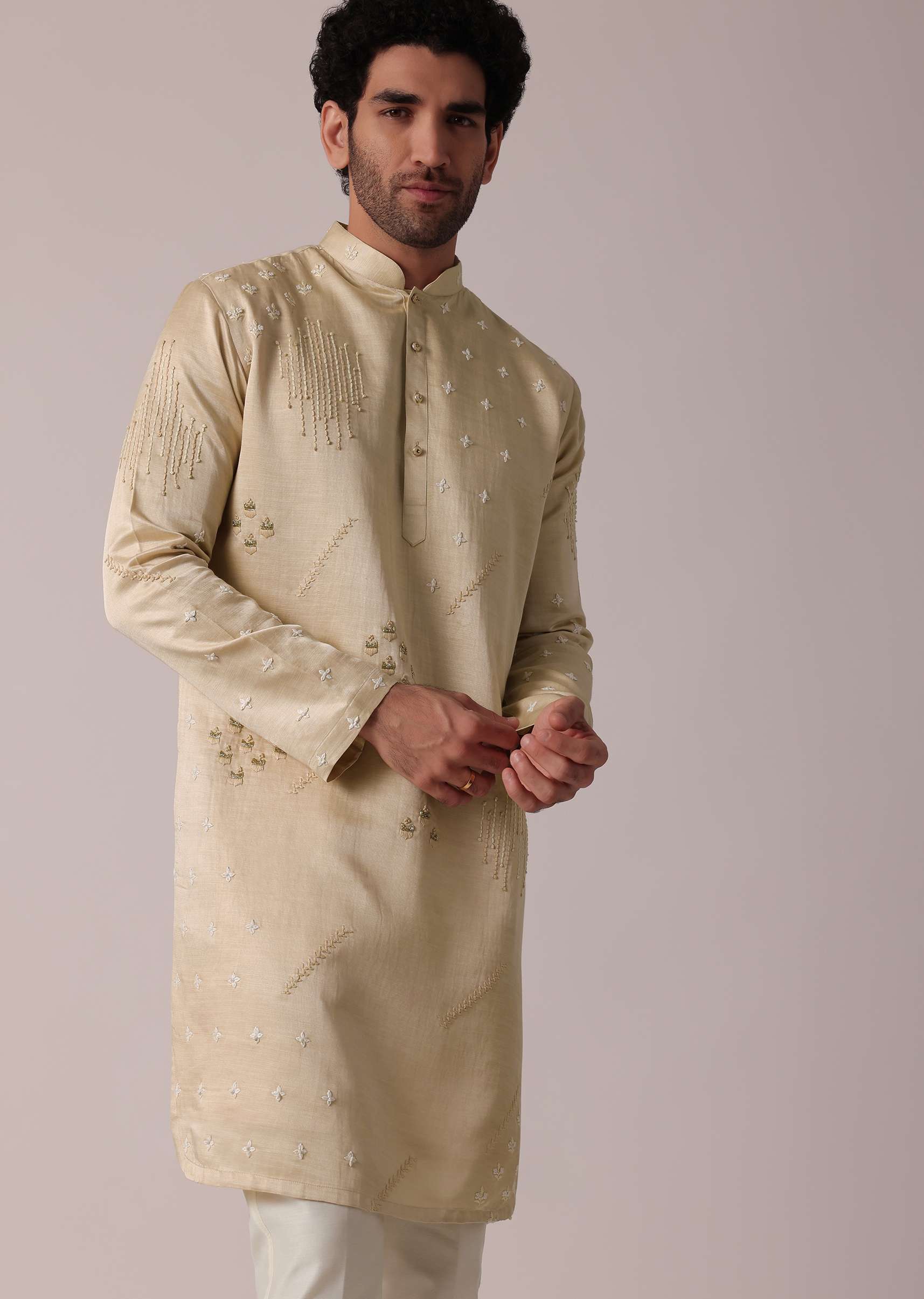 Beige Festive Art Silk Kurta Set For Men