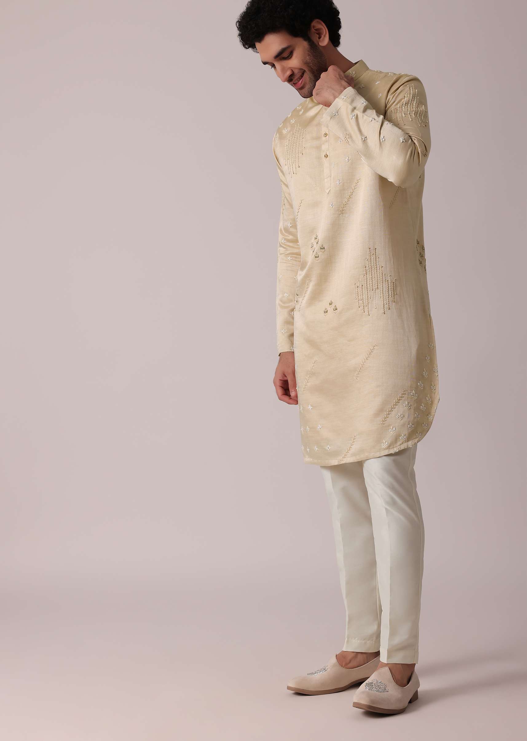 Beige Festive Art Silk Kurta Set For Men