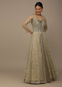 Beige Festive Embroidered Suit Set In Georgette With Net Jacket And Waistbelt