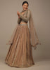 Beige Festive Sequins And Zari Embroidered Lehenga Set In Chinon