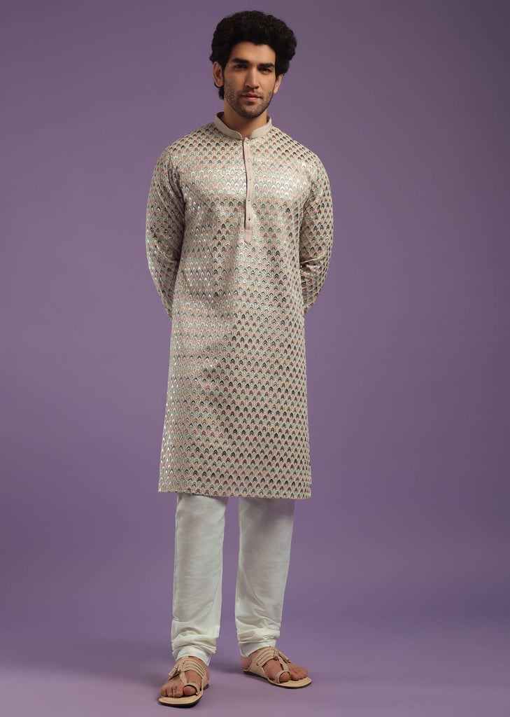 Beige Festive Textured Kurta Set With Sequins Work In Art Silk