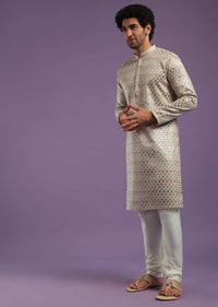 Beige Festive Textured Kurta Set With Sequins Work In Art Silk