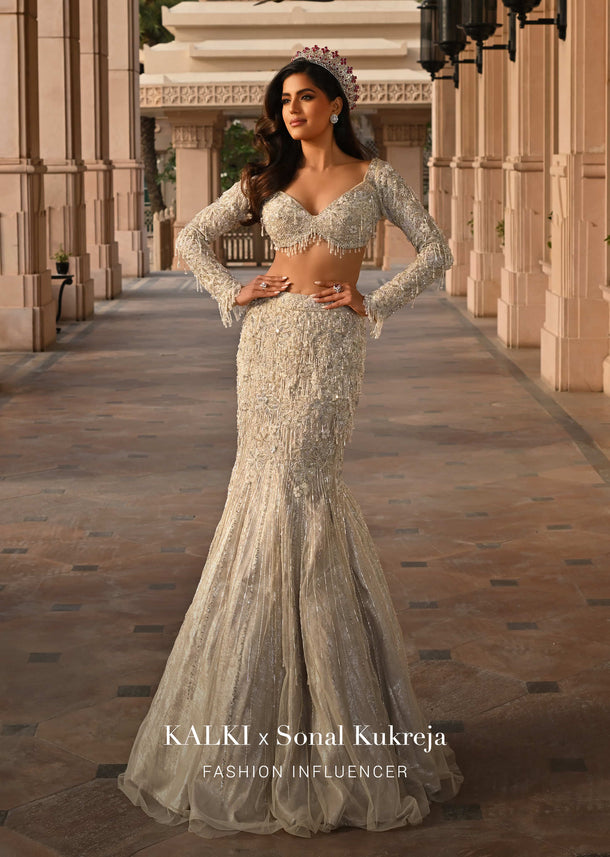 Beige Fish-Cut Lehenga And Blouse With Crystal Tassels