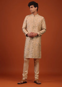 Beige Brown Floral Embroidered Silk Kurta Set