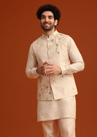 Beige Floral Hand Embroidered Kurta Jacket Set