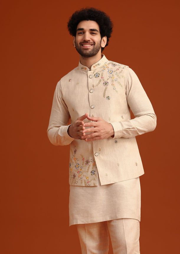 Beige Floral Hand Embroidered Kurta Jacket Set