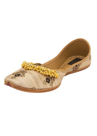 Beige Floral Print Juttis With Ghungroos And Leather Underlining