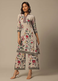 Beige Floral Print Pant Set With Sequin Work