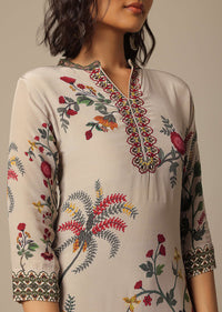 Beige Floral Print Pant Set With Sequin Work