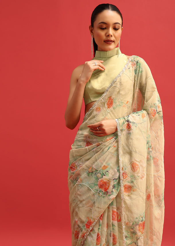 Beige Floral Printed Organza Saree With Cutdana And Sequin Embroidery With Unstitched Blouse
