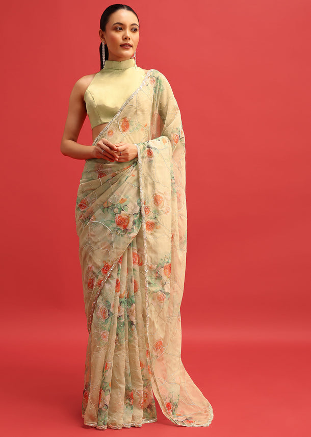 Beige Floral Printed Organza Saree With Cutdana And Sequin Embroidery With Unstitched Blouse