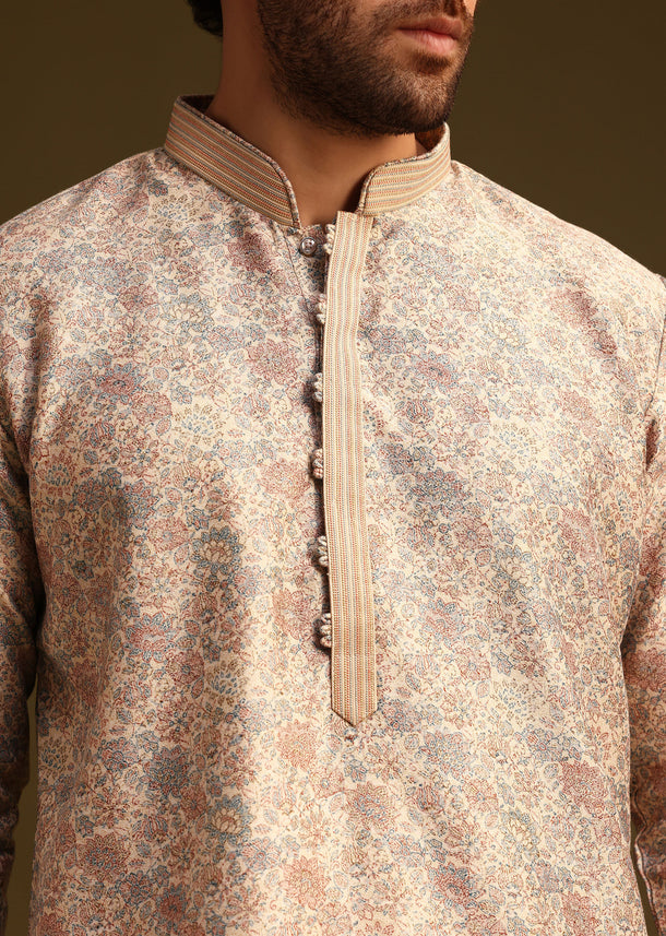 Beige Flower Print Kurta Set