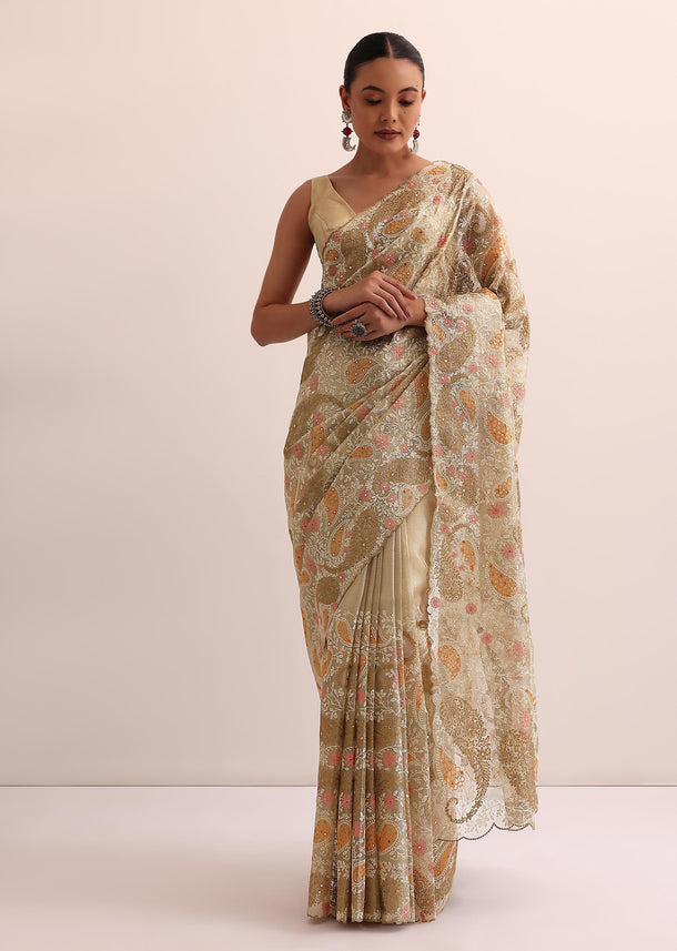 Beige Gold Chanderi Saree With Thread Work And Unstitched Blouse