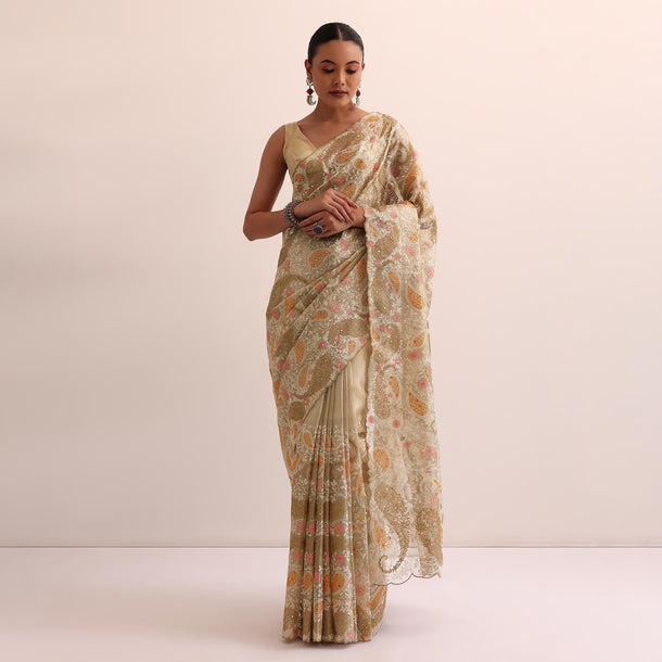 Beige Gold Chanderi Saree With Thread Work And Unstitched Blouse