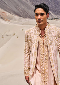 Beige Gold Hand Embroidered Long Sherwani Suit In Zardosi Work