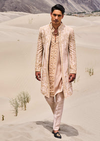 Beige Gold Hand Embroidered Long Sherwani Suit In Zardosi Work