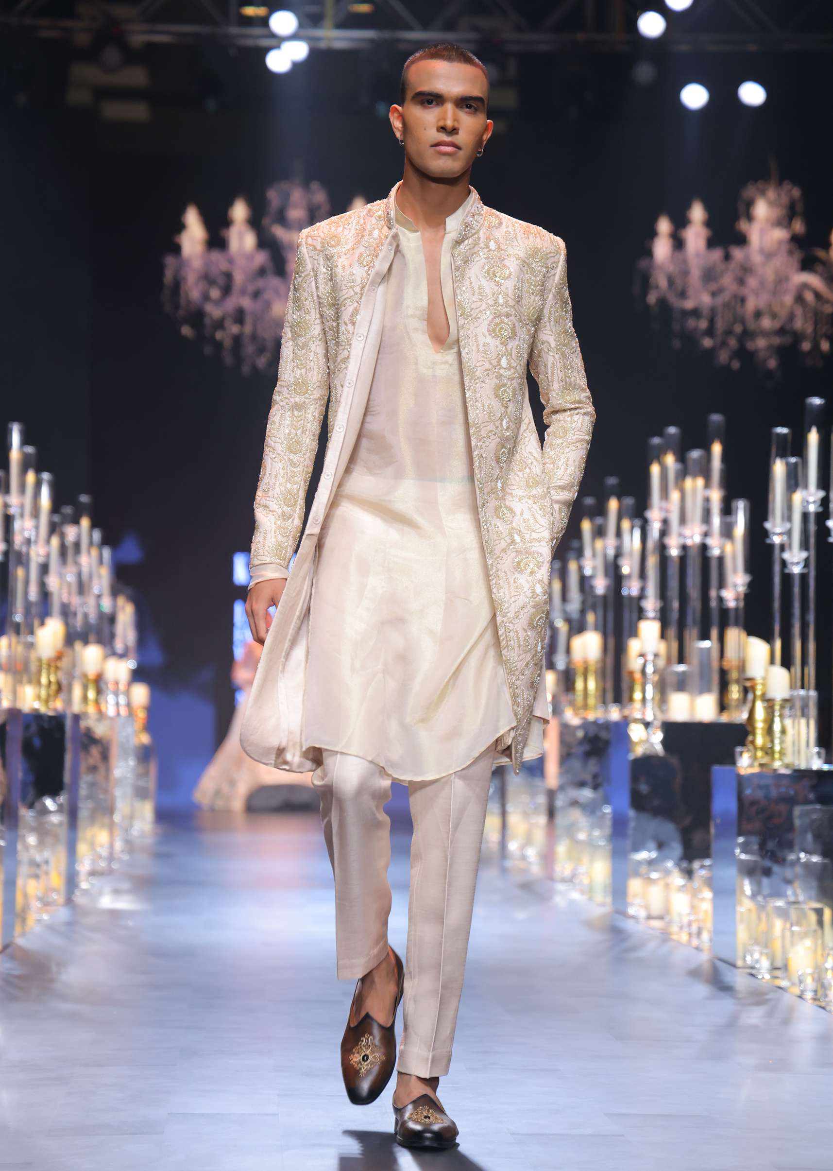 Beige Gold Hand Embroidered Sherwani Set