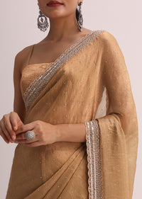 Beige Gold Saree With Cutdana Border And Unstitched Blouse