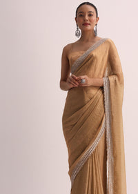 Beige Gold Saree With Cutdana Border And Unstitched Blouse