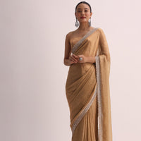 Beige Gold Saree With Cutdana Border And Unstitched Blouse