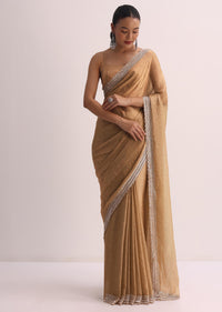 Beige Gold Saree With Cutdana Border And Unstitched Blouse
