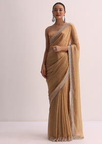 Beige Gold Saree With Cutdana Border And Unstitched Blouse