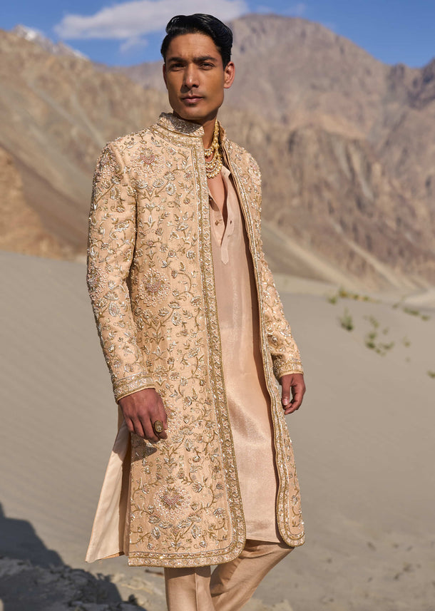 Beige Gold Zardosi Sherwani Set With Stole Dupatta