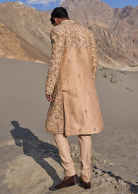 Beige Gold Zardosi Sherwani Set With Stole Dupatta