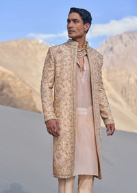 Beige Gold Zardosi Sherwani Set With Stole Dupatta