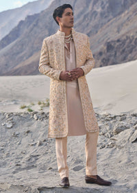 Beige Gold Zardosi Sherwani Set With Stole Dupatta