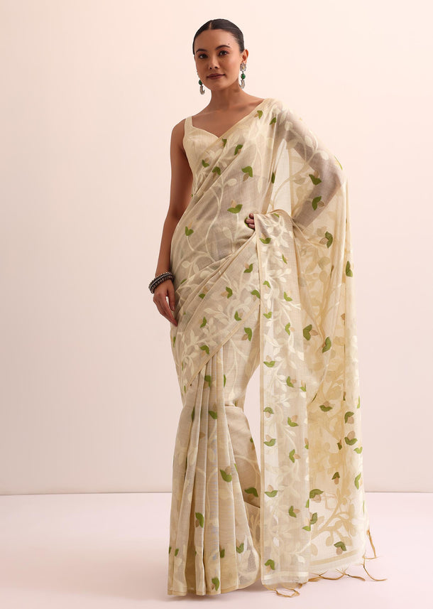 Beige Green Cotton Linen Saree With Thread Work And Unstitched Blouse