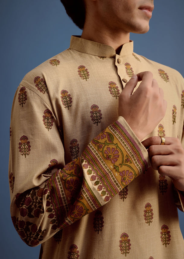 Beige Hand Block Printed Kurta Set