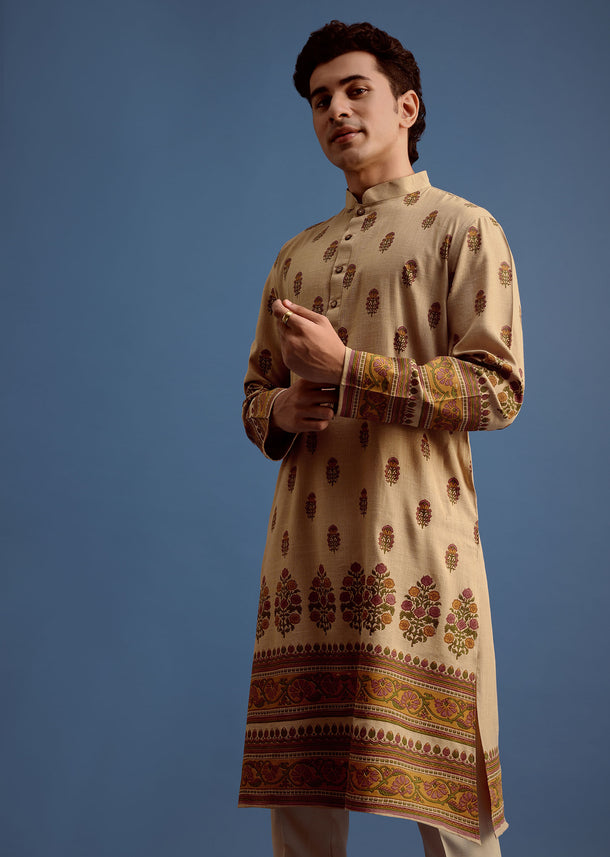 Beige Hand Block Printed Kurta Set