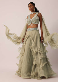 Beige Hand Embellished Lehenga Set With Ruffle Dupatta