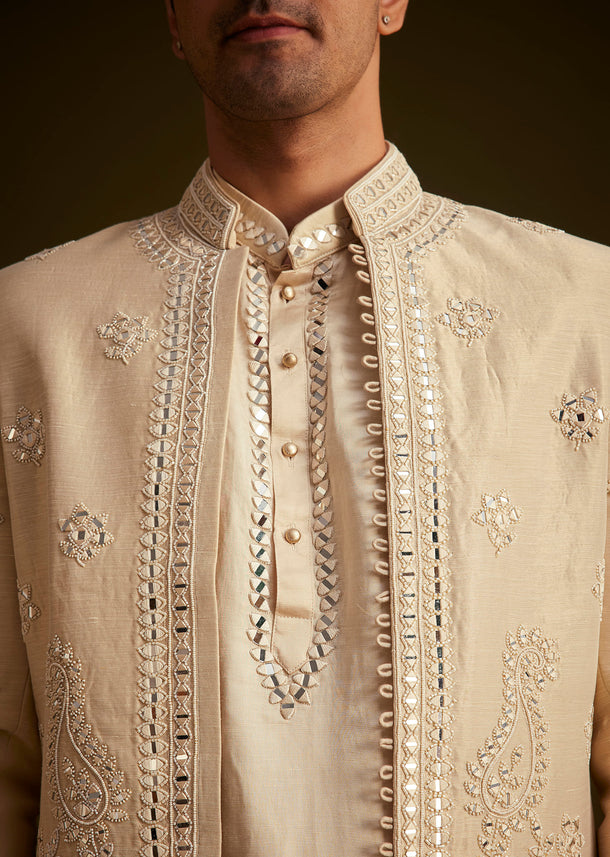 Beige Hand Embroidered Sherwani Set