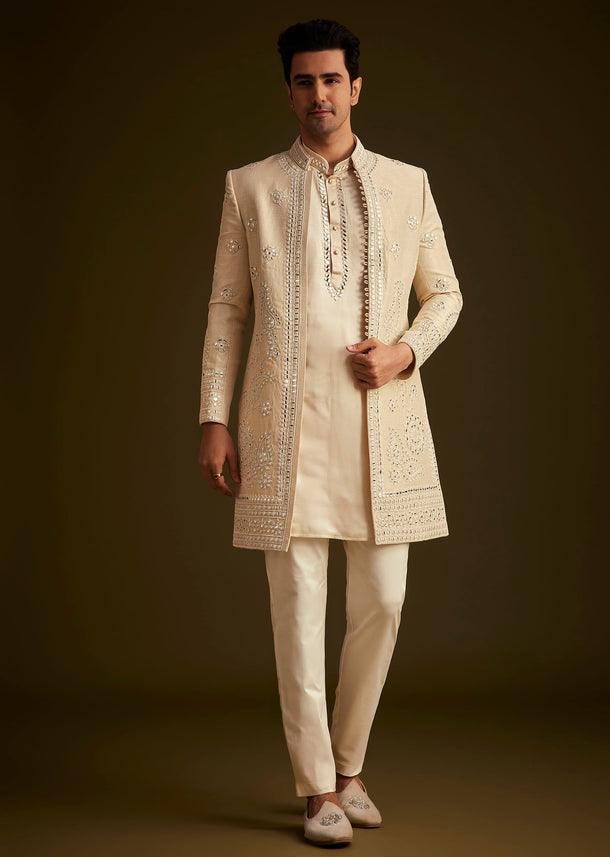 Beige Hand Embroidered Sherwani Set