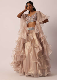 Beige Hand Worked Lehenga Set With Ruffle Dupatta And Pearl Work