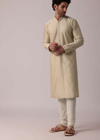 Beige Handcrafted Silk Kurta Set For Men