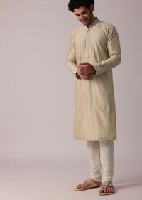 Beige Handcrafted Silk Kurta Set For Men