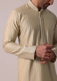 Beige Handcrafted Silk Kurta Set For Men