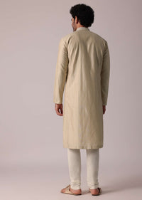 Beige Handcrafted Silk Kurta Set For Men