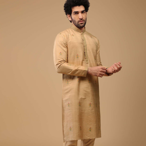 Beige Handwoven Raw Silk Motif Embroidered Kurta Set